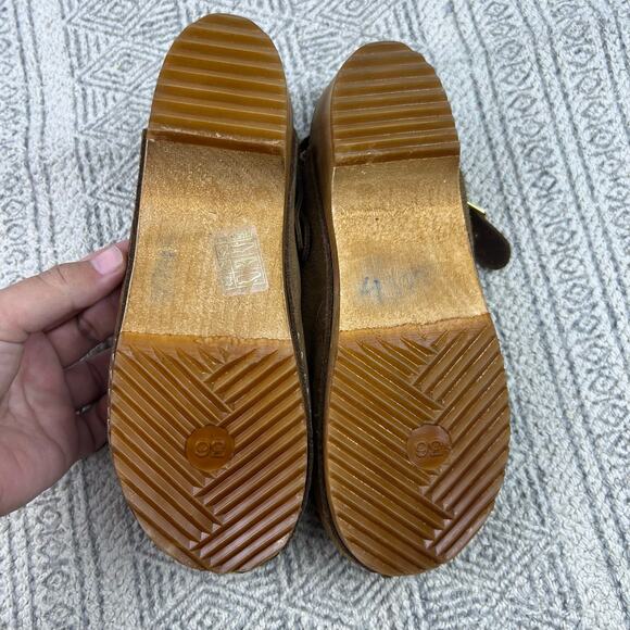 Anthropologie Brown Suede Wooden Platform Clog Sandals, Adjustable Buckle Strap - Picture 10 of 10